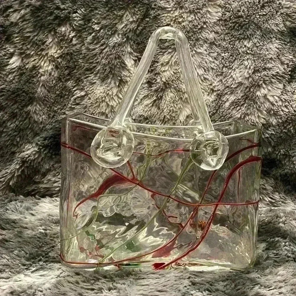 Romantic Red and Green on Clear Swirl  Art Glass Vase Handbag Purse - Picture 1 of 13